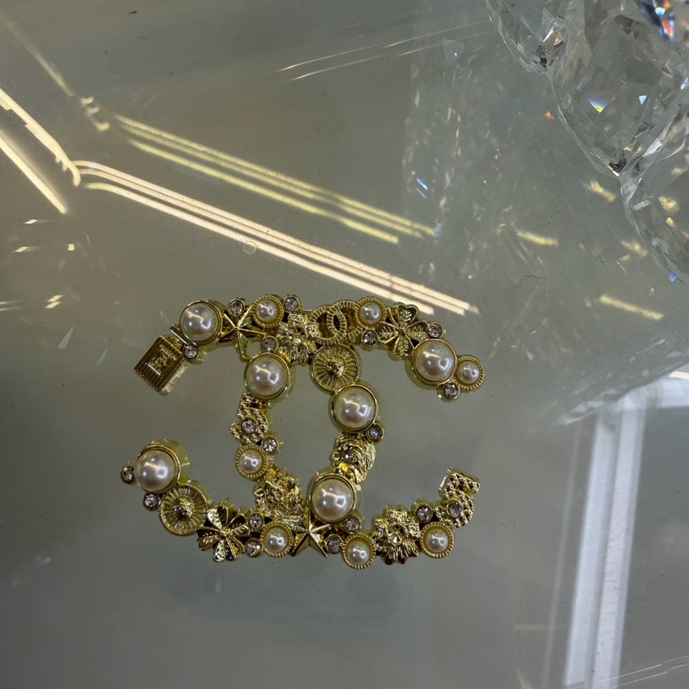 Gold and Pearl Women's CC Brooch